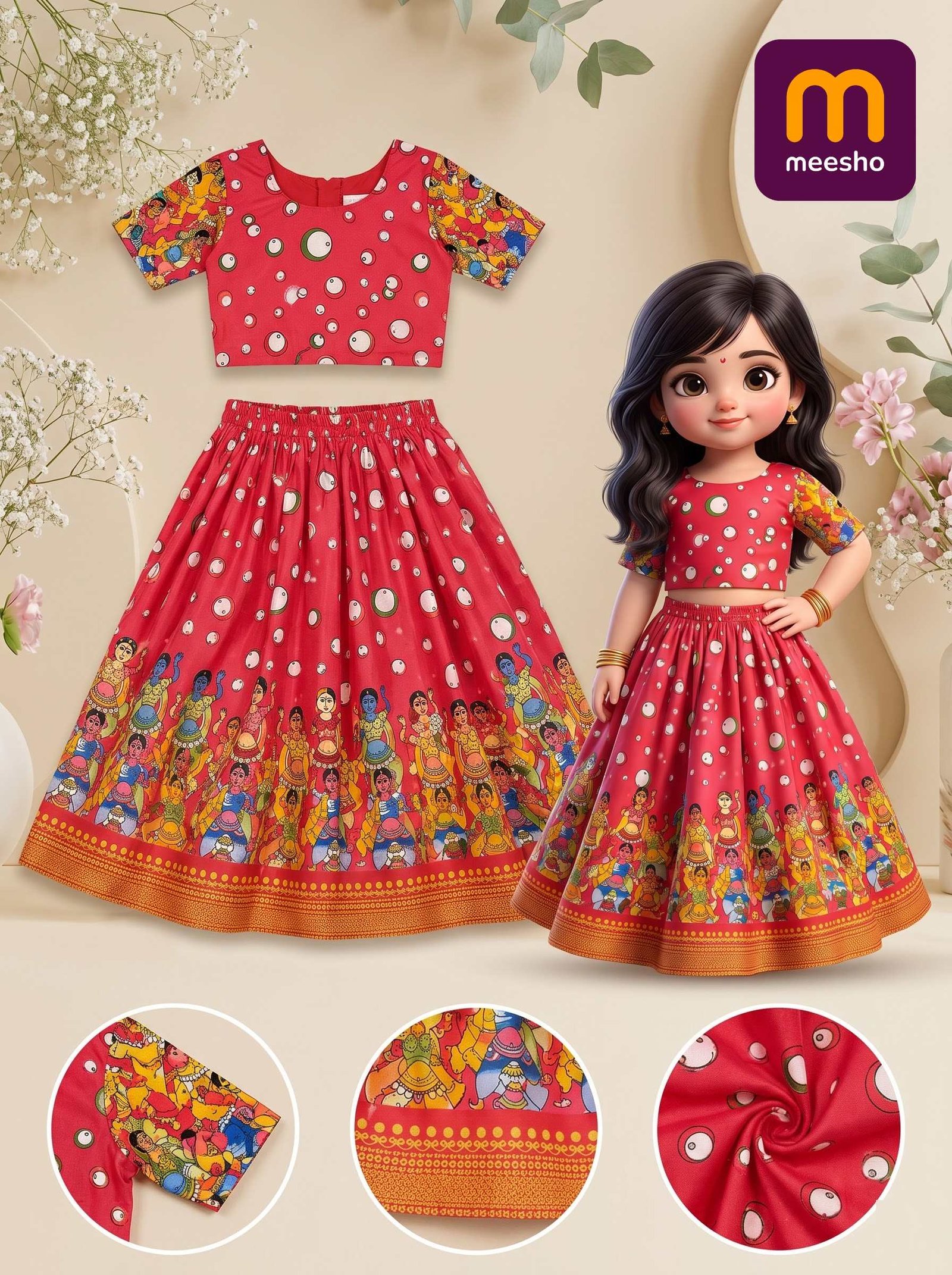 Girls Red Printed Ethnic Lehenga Choli Set with Traditional Folk Motif Design