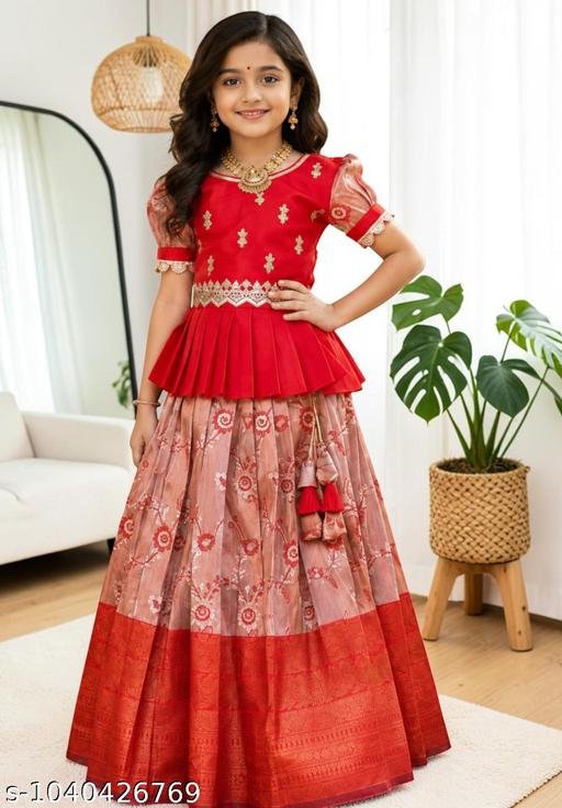 Kids Girls South Indian Pattu Lehenga Choli | Traditional Ethnic Wear | Silk Blend Festive Party Wear Dress for Wedding, Festival & Functions